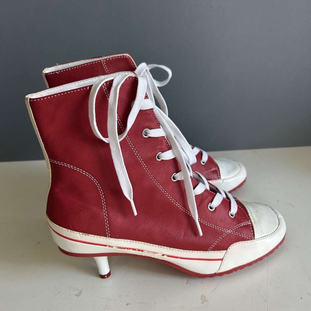 Y2K Steve Madden Kitten Heel High tops size 8.5 Red Leather Boots Streetwear - Picture 5 of 13